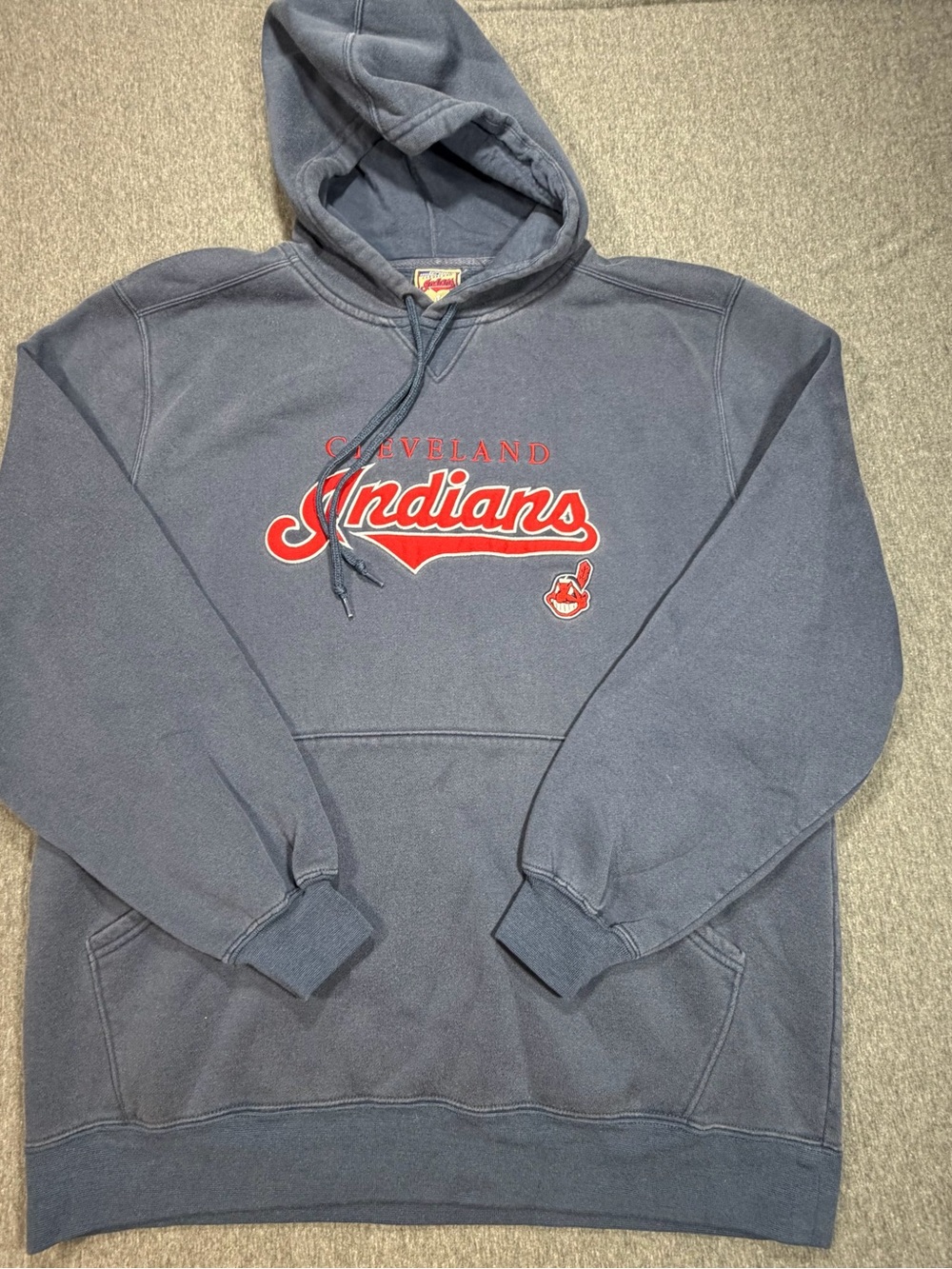 MLB Cleveland Indians Blue Hoodie with Red Chief Wahoo Embroidered Logo Medium